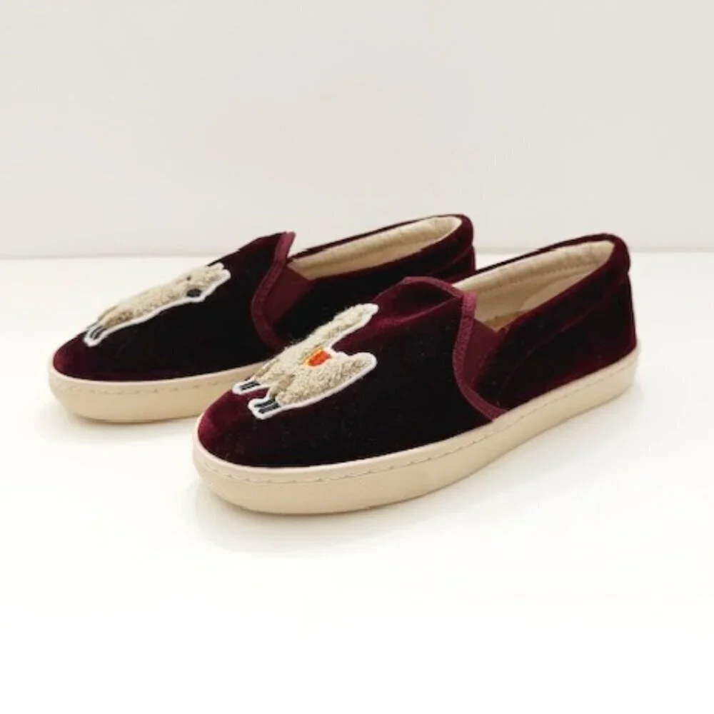 Soludos Anthropologie Velvet Llama Slip-on Sneakers in Burgundy Women's 6 NWOB